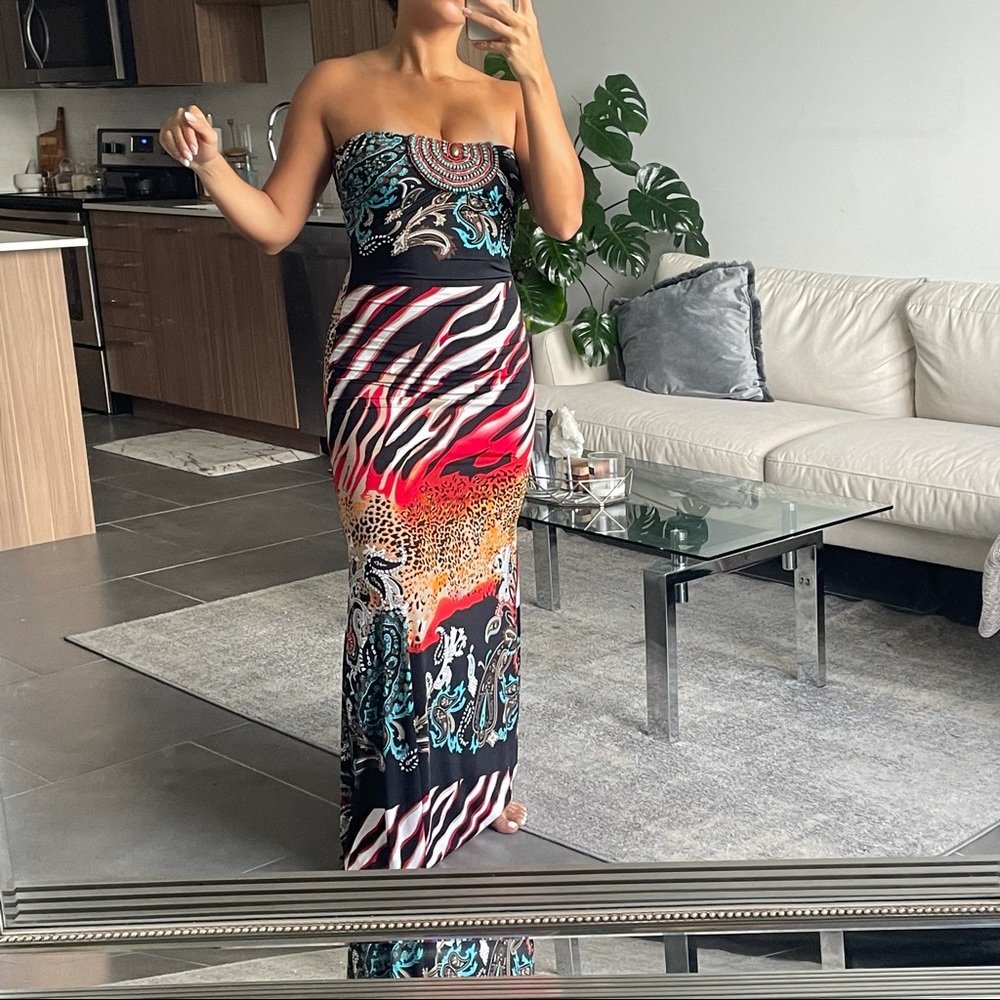 Arden B maxi dress print satin beaded strapless
